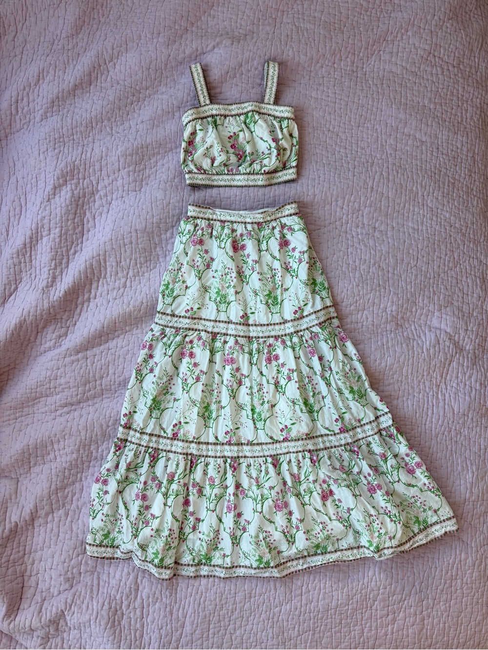 Romantic Floral 2 Piece Crop Top Maxi Skirt Set XS NWOT